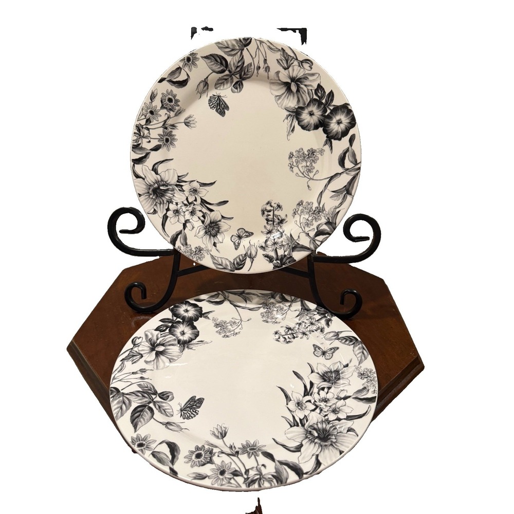 S/2 Pier 1 Ironstone Black & White Toile Dark Butterfly Garden Dinner Plate 10.5